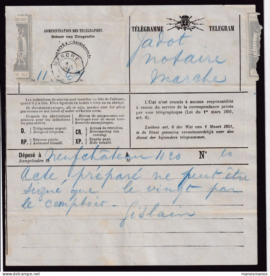 DDFF 944 -- Formule De Télégramme Bilingue (à Droite - Diff.) - NEUFCHATEAU à MARCHE 1905 - Cachet Télégraphique Type 2 - Telegrammen