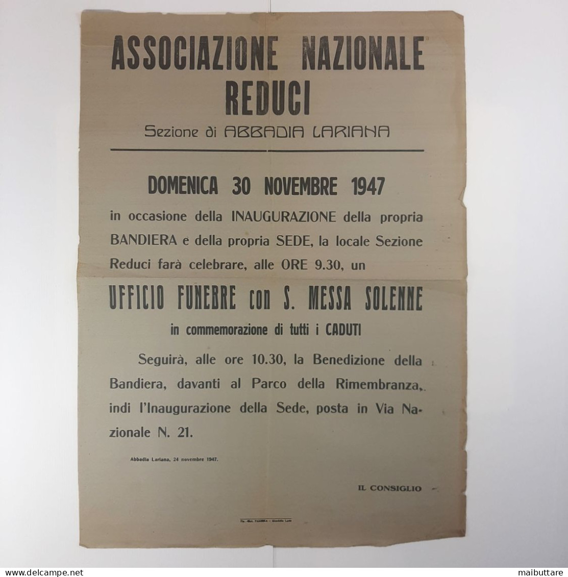 Manifesto Poster Pubblicitario Ass. Ne Nazionale Reduci - Abbadia Lariana Anno 1947 - Manifesti