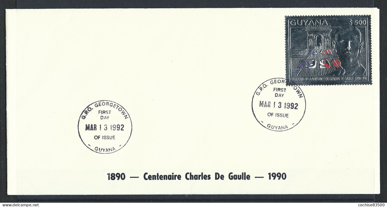Guyana - FDC  Enveloppe 13/03/1992 - Général Charles De Gaulle - Guyana (1966-...)