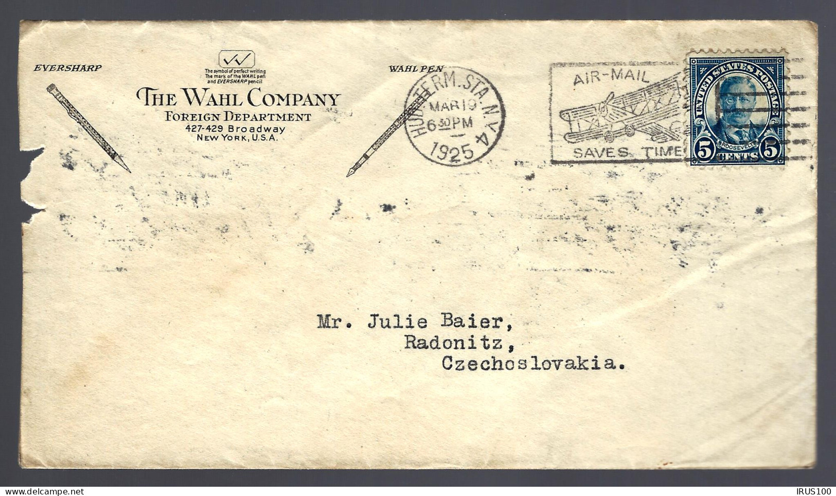 ÉTATS UNIS - 1925 - FLAMME "AIR-MAIL SAVES TIME - POUR LA TCHÉCOSLOVAQUIE - Lettres & Documents