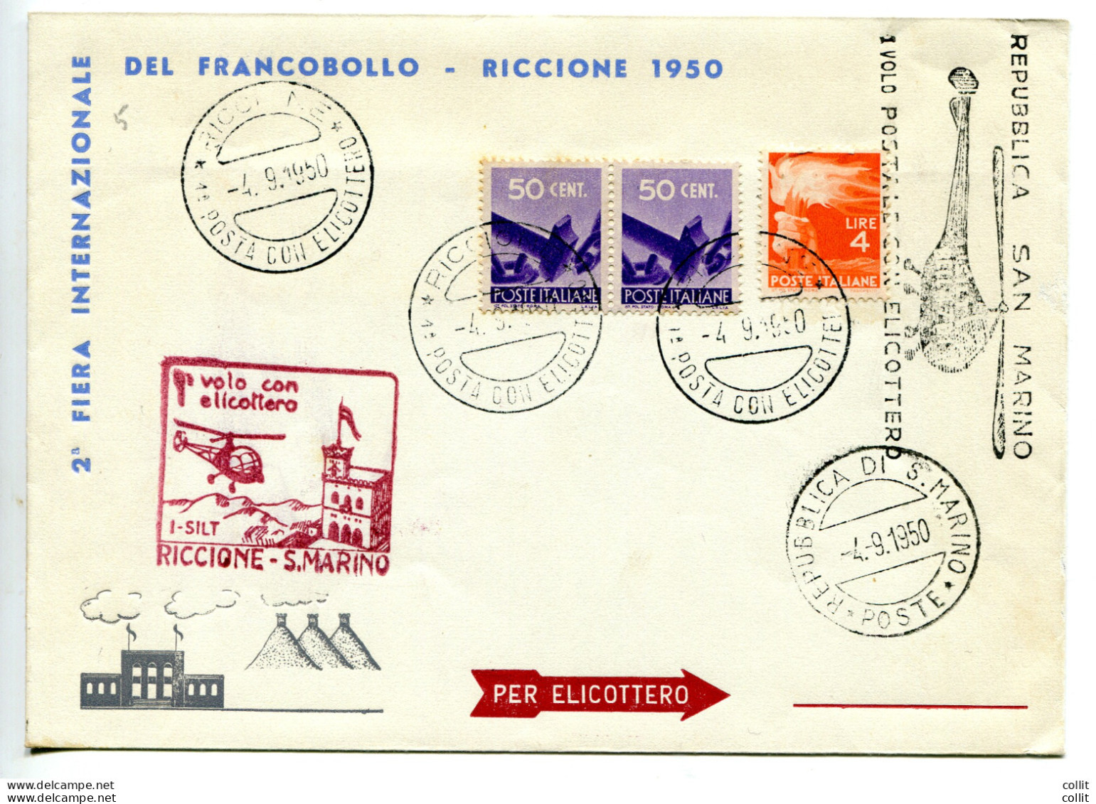 Primo Volo Elicottero Riccione San Marino 4.9.50 - Poste Aérienne