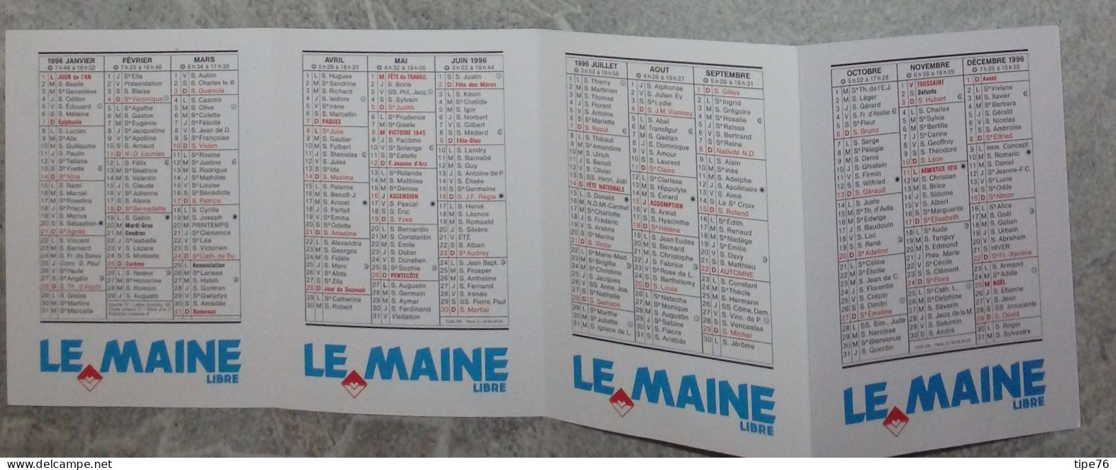 Petit Calendrier De Poche 1996 Journal Le Maine Libre - Le Mans La Flèche Mamers Sablé La Ferté Bernard Chateau Du Loir - Petit Format : 1991-00