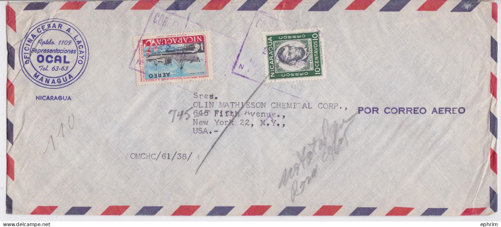 Nicaragua Managua Lettre Timbre Abraham Lincoln Cargo Stamp Air Mail Cover Sello Correo Aereo 1961 - Nicaragua