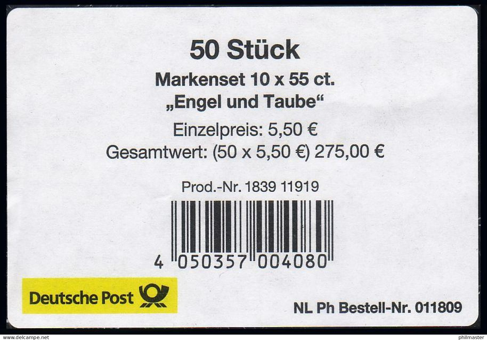 2827-2828 Grußmarken Engel Und Taube: Banderole 2011 - Prod.-Nr. 1839 11919 - 2011-2020