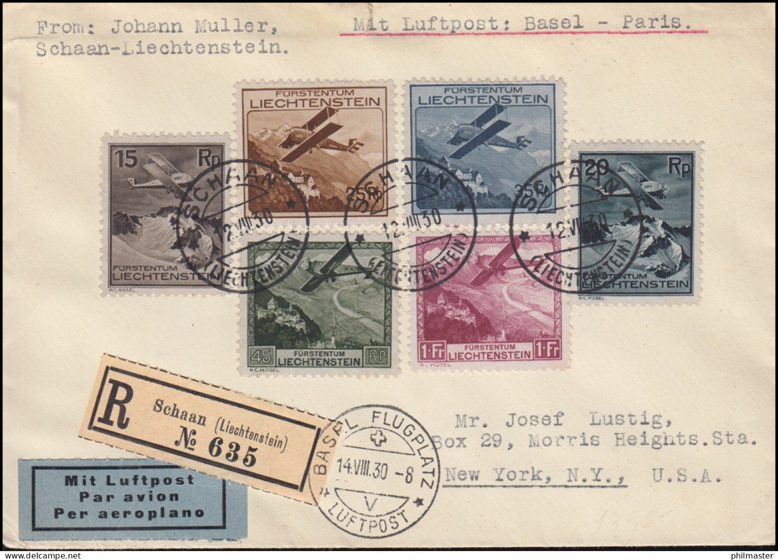 108-113 Flugzeuge über Landschaften 1930, Satz-R-FDC SCHAAN 12.8.30 In Die USA - Brieven En Documenten
