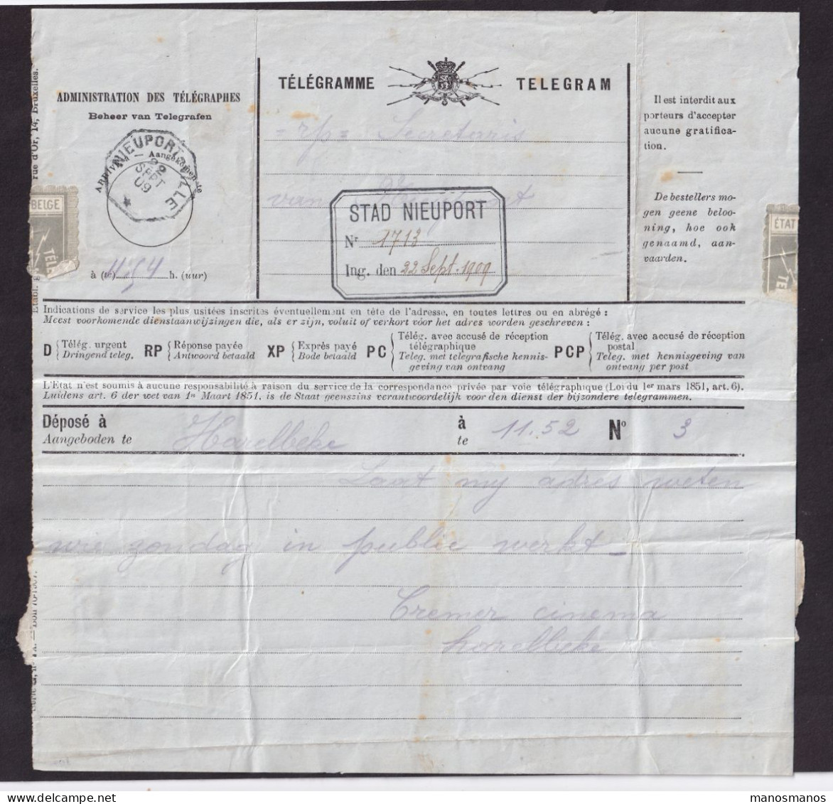 DDFF 947 -- Formule De Télégramme Bilingue (au Centre) - HARELBEKE à NIEUPORT VILLE 1909 - Cachet Télégraphique Type 3 - Telegrammi