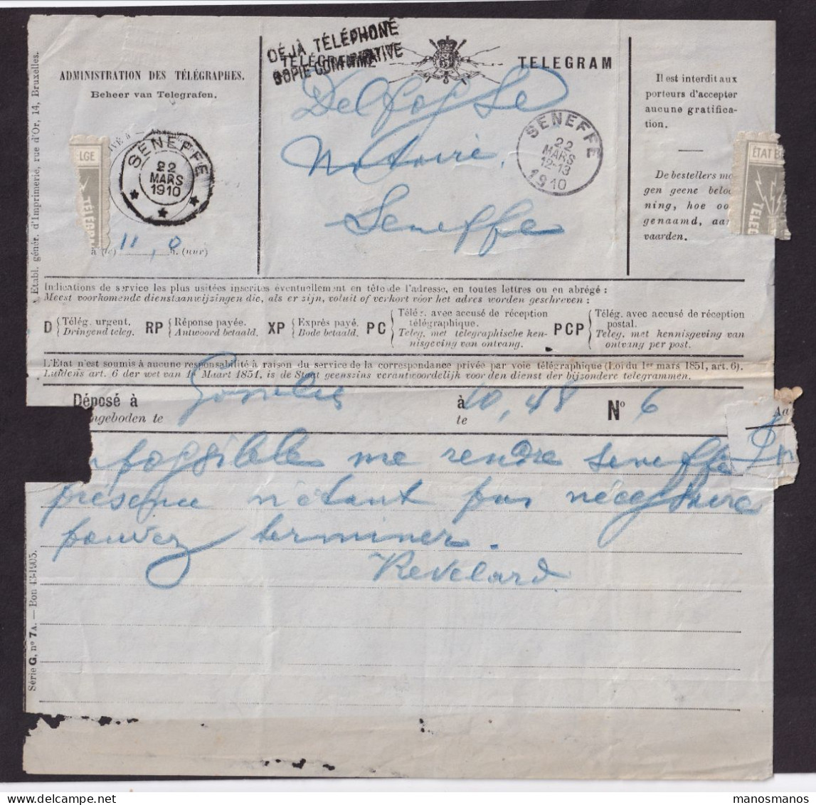 DDFF 948 -- Formule De Télégramme Bilingue (au Centre) - GOSSELIES à SENEFFE 1910 - Cachet Postal +Télégraphique Type 2 - Telegrams