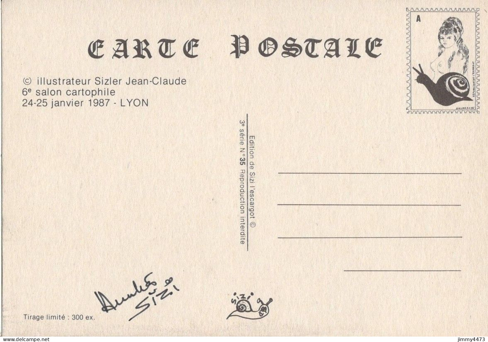 CPM - LYON  - 6è Salon De La Carte Postale Janvier 1987 - Illust. J-C Sizier - Ed. Des Escargophiles - Tirage à 300 Ex. - Bolsas Y Salón Para Coleccionistas