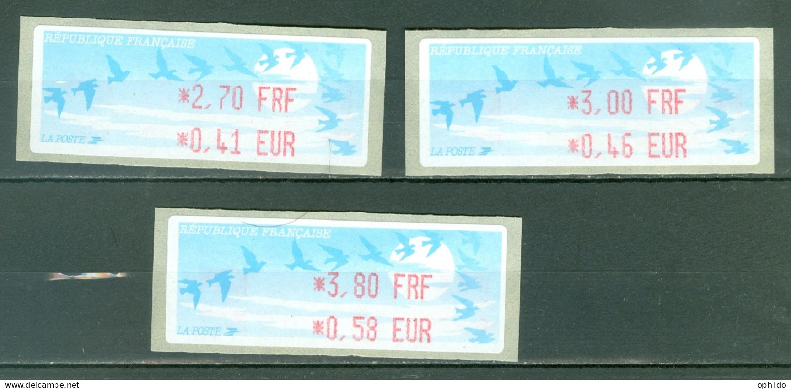 France  Distributeur   Oiseaux De Jubert  3  Valeurs Neuves En Francs Et Euros   - 1990 Type « Oiseaux De Jubert »