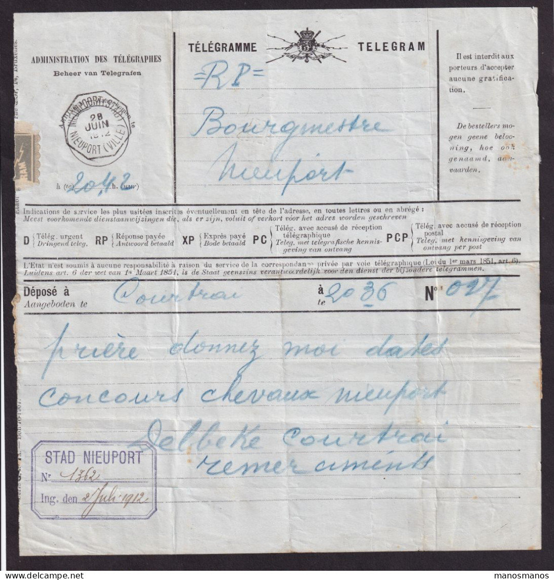 DDFF 951 -- Formule De Télégramme Bilingue (au Centre) - COURTRAI à NIEUPORT VILLE 1912 - REPONSE PAYEE RP - Telegrammi