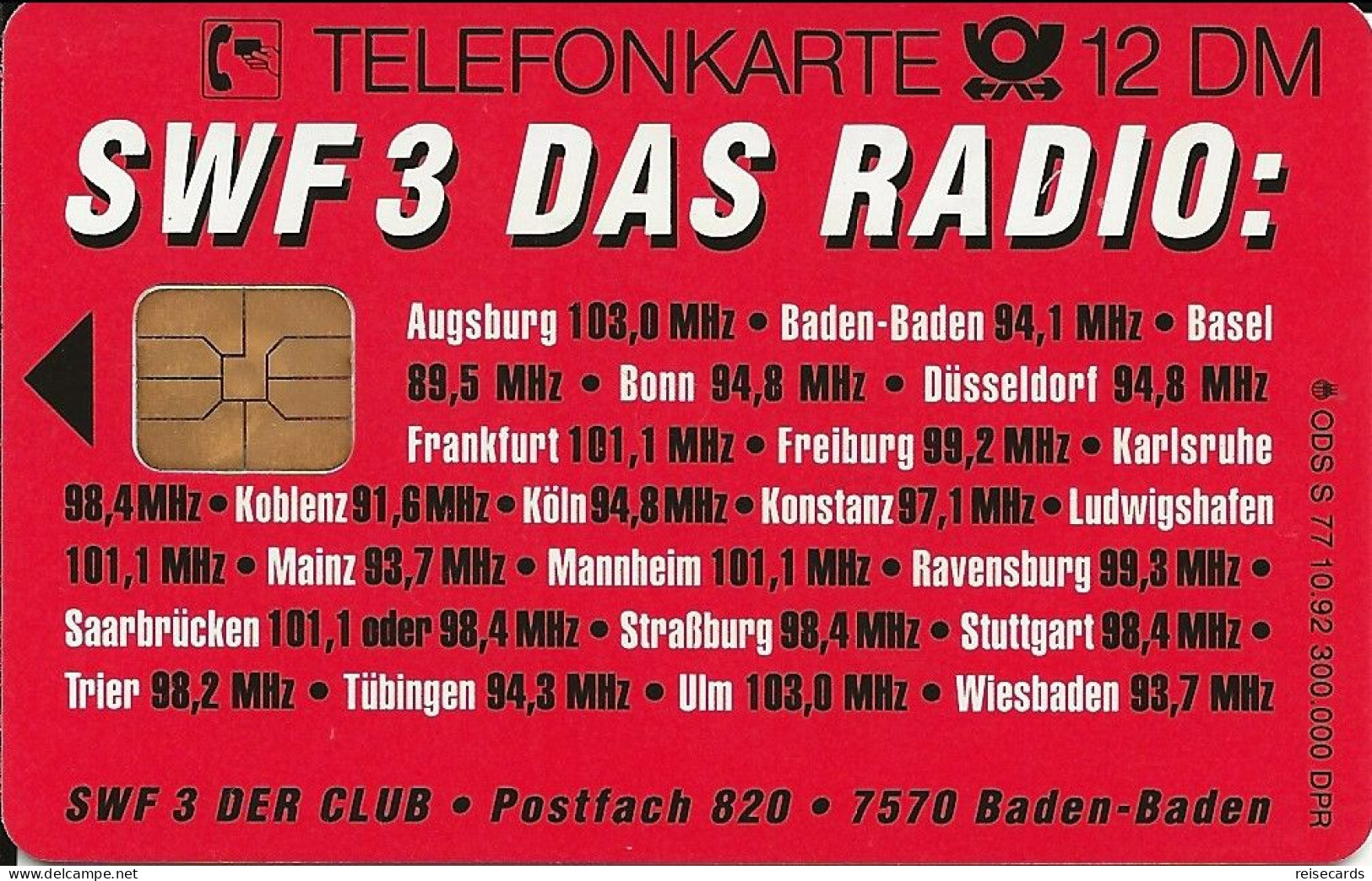 Germany: Telekom S 77 10.92 SWF 3 Das Radio. Mint - S-Series: Schalterserie Mit Fremdfirmenreklame