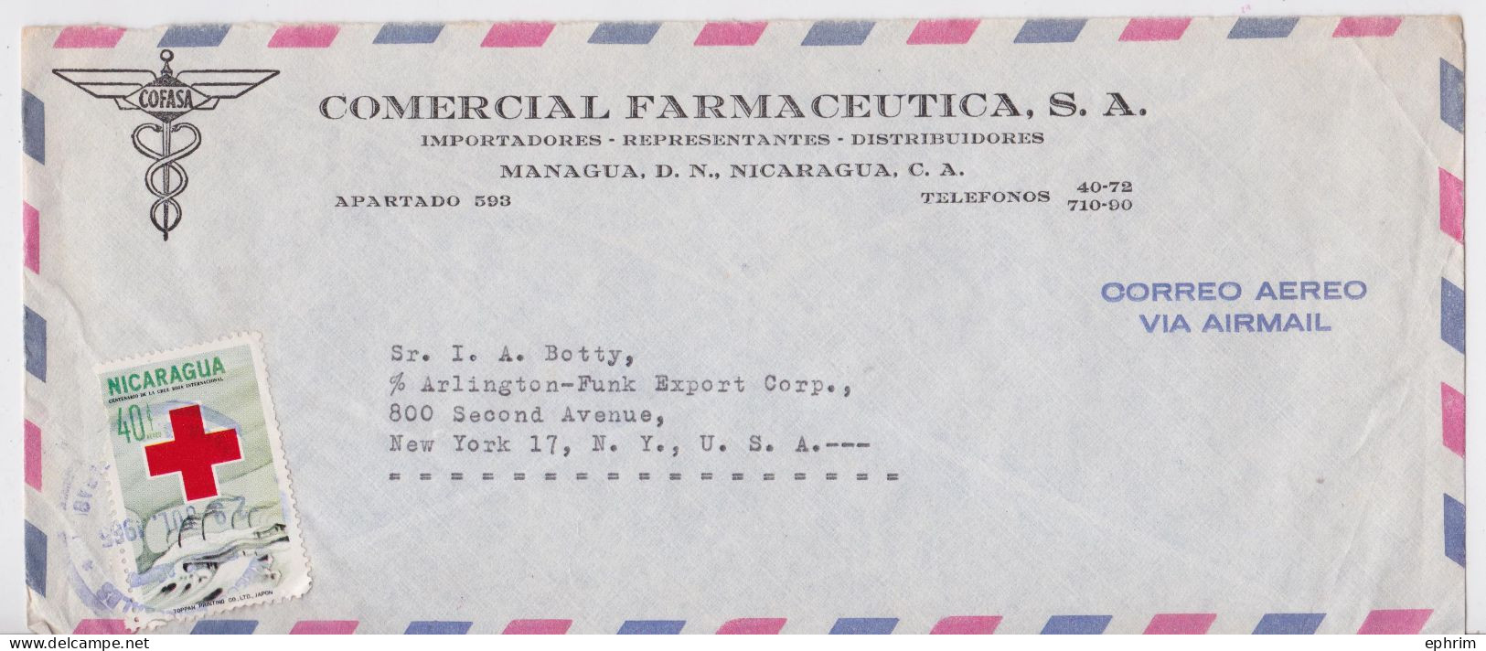 Nicaragua Lettre Timbre Croix-Rouge Red Cross Stamp Air Mail Cover Sello Cruz Roja Internacional Correo Aereo - Nicaragua