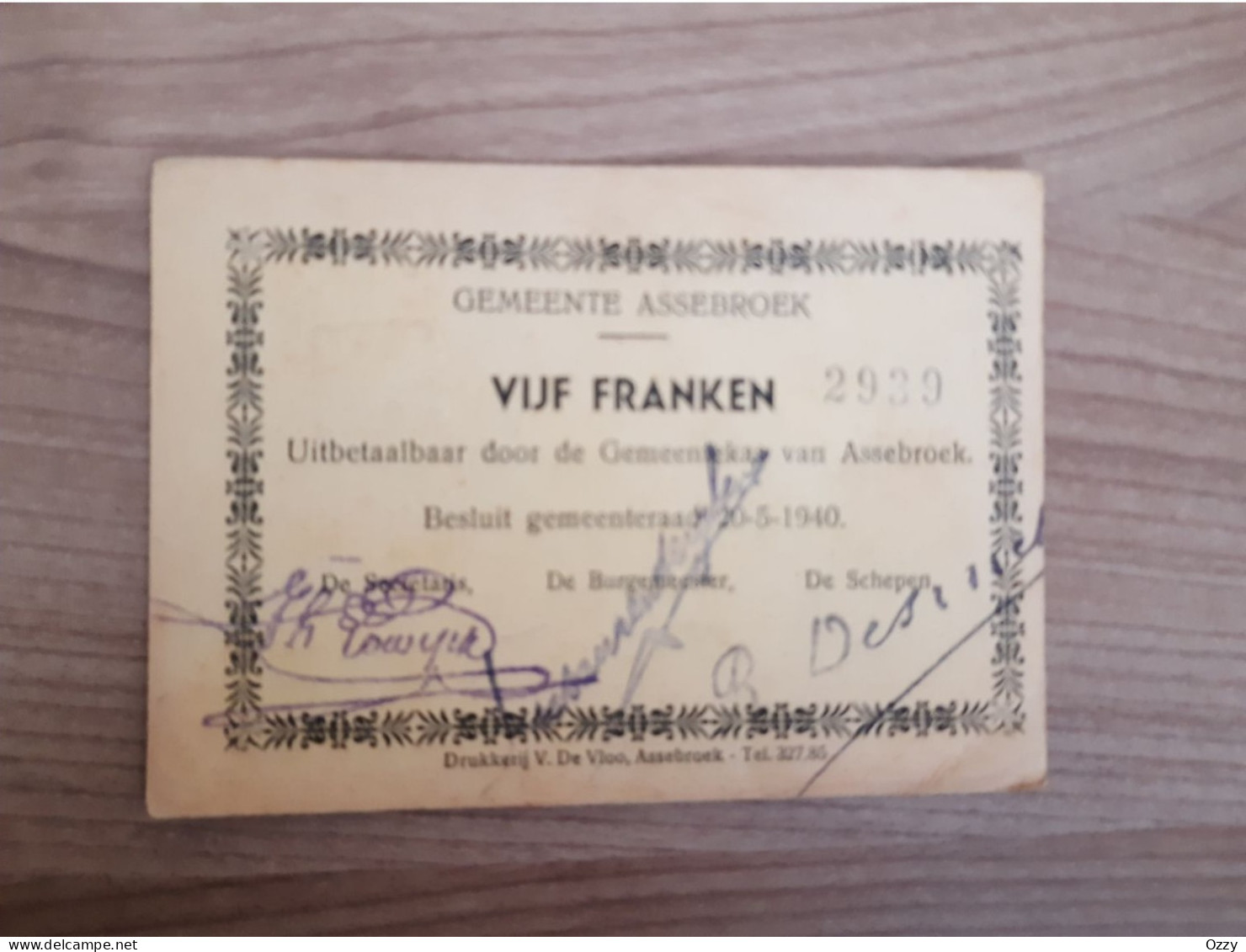 VIJF FRANKEN Gemeente Assebroek 1940 - Autres & Non Classés