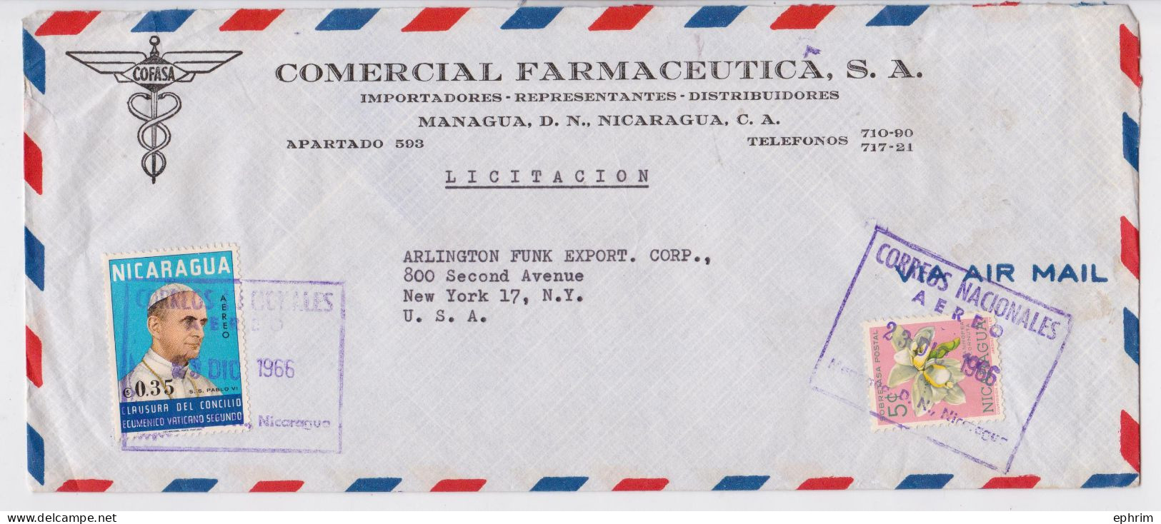 Nicaragua Lettre Timbre Pape Pope Pablo VI Stamp Air Mail Cover Sello Correo Aereo 1966 - Nicaragua