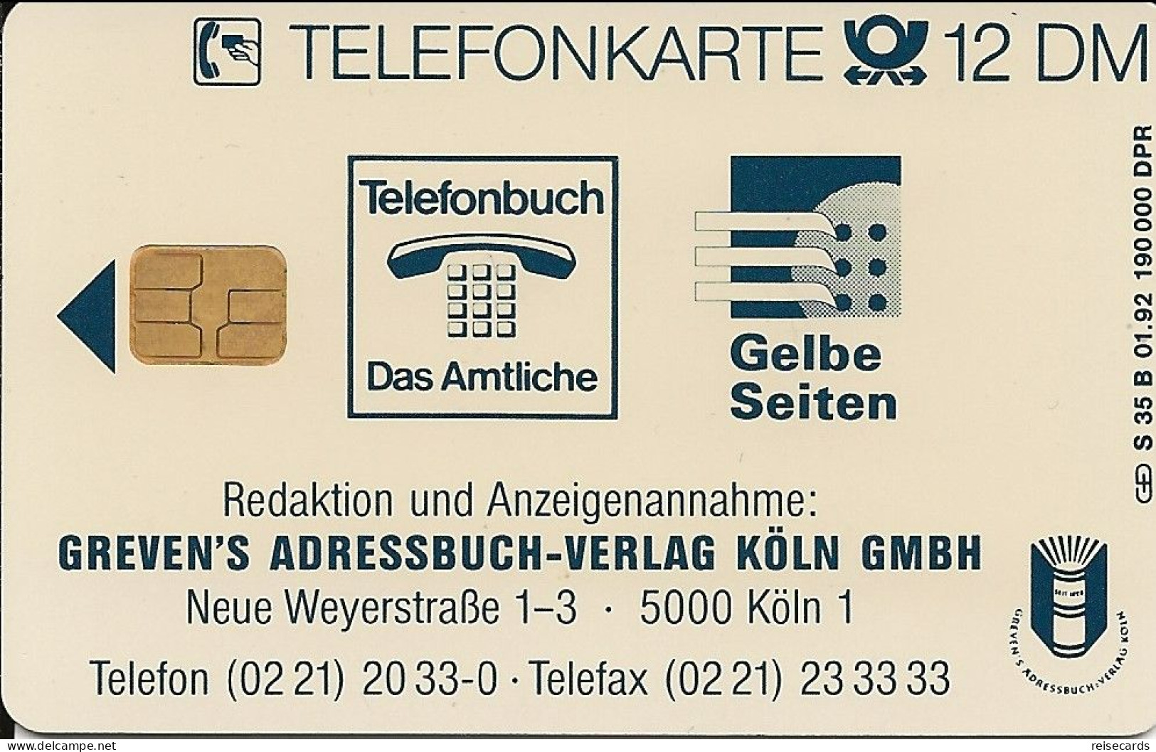 Germany: Telekom S 35 B 01.92 Greven's Adressbuch-Verlag. Mint - S-Reeksen : Loketten Met Reclame Van Derden