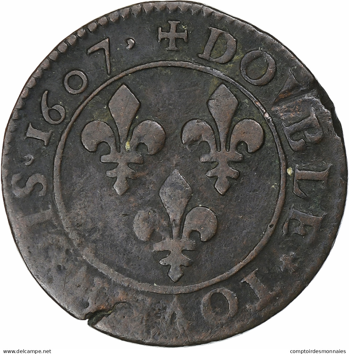 France, Henri IV, Double Tournois, 1607, Paris, Cuivre, TB+, Gadoury:538 - 1589-1610 Henri IV Le Vert-Galant