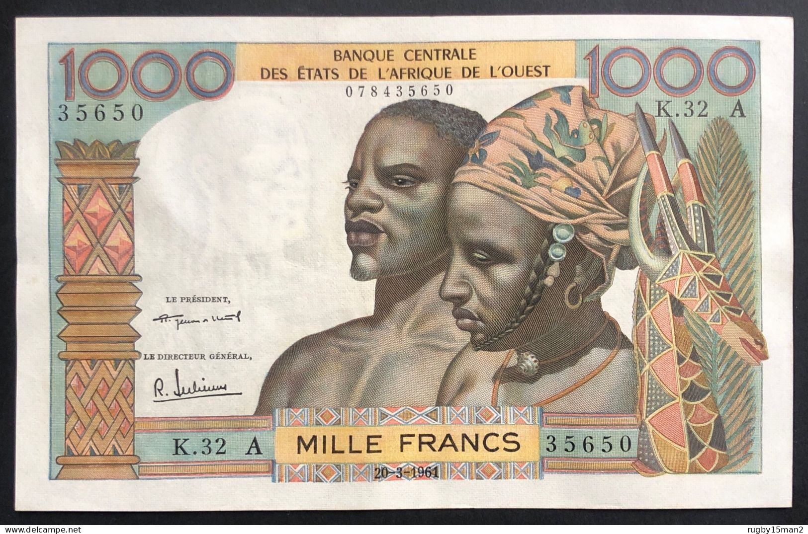 N°48 BILLET DE BANQUE 1000 FRANCS CÔTE D'IVOIRE 20/3/1961 SPL+ (RARE EN L'ÉTAT) - Côte D'Ivoire