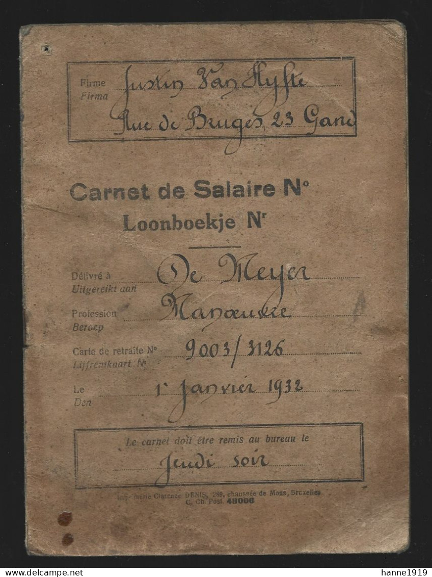 Gent Loonboekje Firma Justin Van Hyfte Rue De Bruges De Meyer 1932 Gand Htje - Petits Métiers