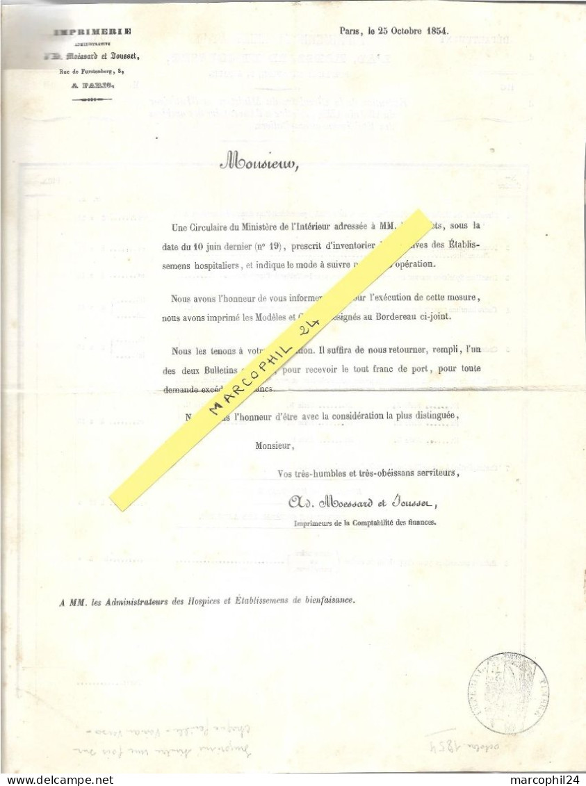 IMPRIMERIE Administrative D'Ad. MOESSARD Et JOUSSET - PARIS - 1854 - 2 Feuilles Avec TIMBRE IMPERIAL Seine 2 C - Printing & Stationeries