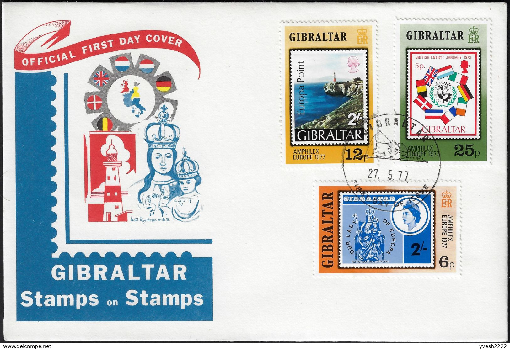 Gibraltar 1977 Y&T 364 à 366 Sur FDC. Amphilex Europe 1977, Timbres Sur Timbres. Phare - Phares