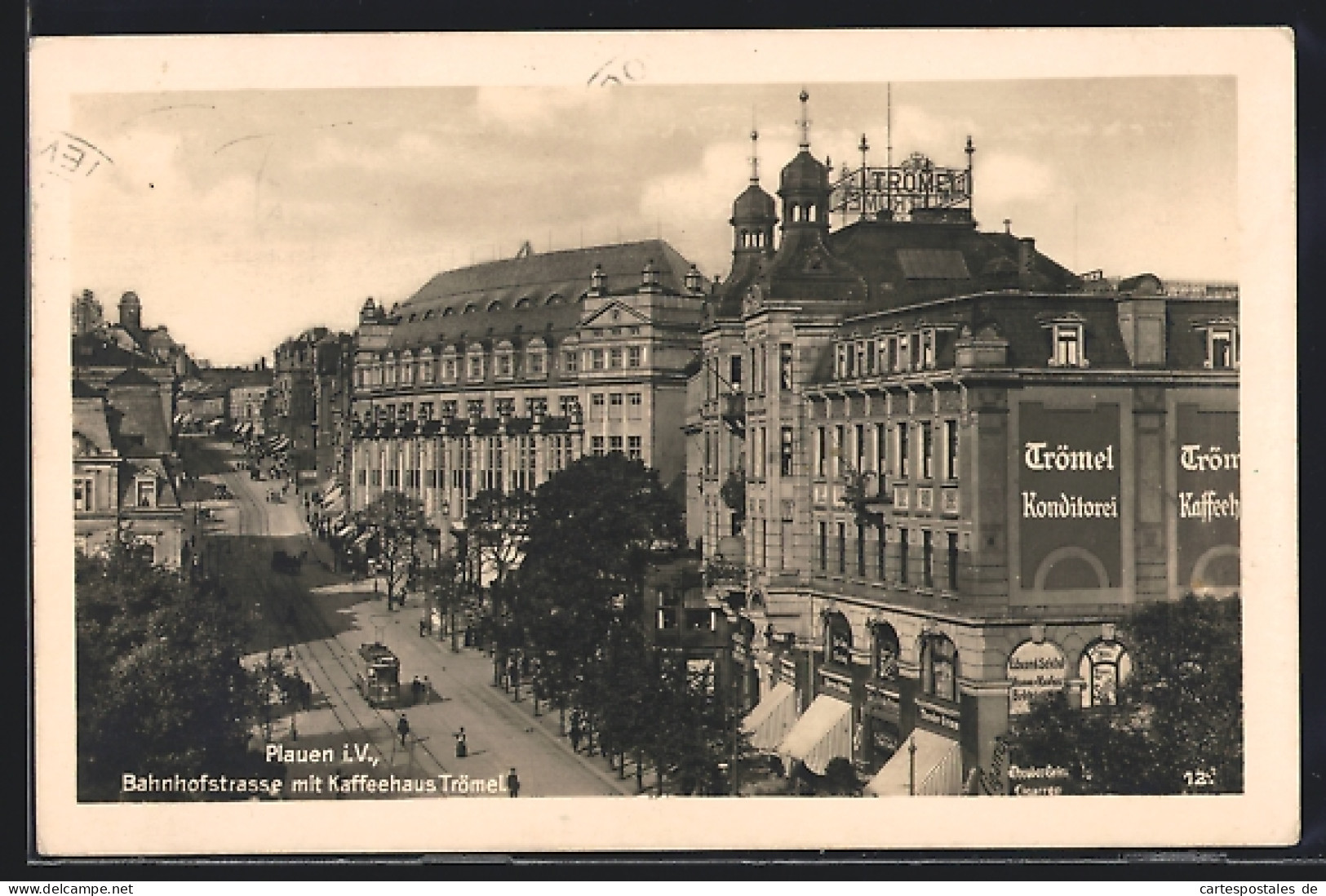 AK Plauen, Bahnhofstrasse Mit Kaffeehaus Trömel Und Strassenbahn  - Plauen