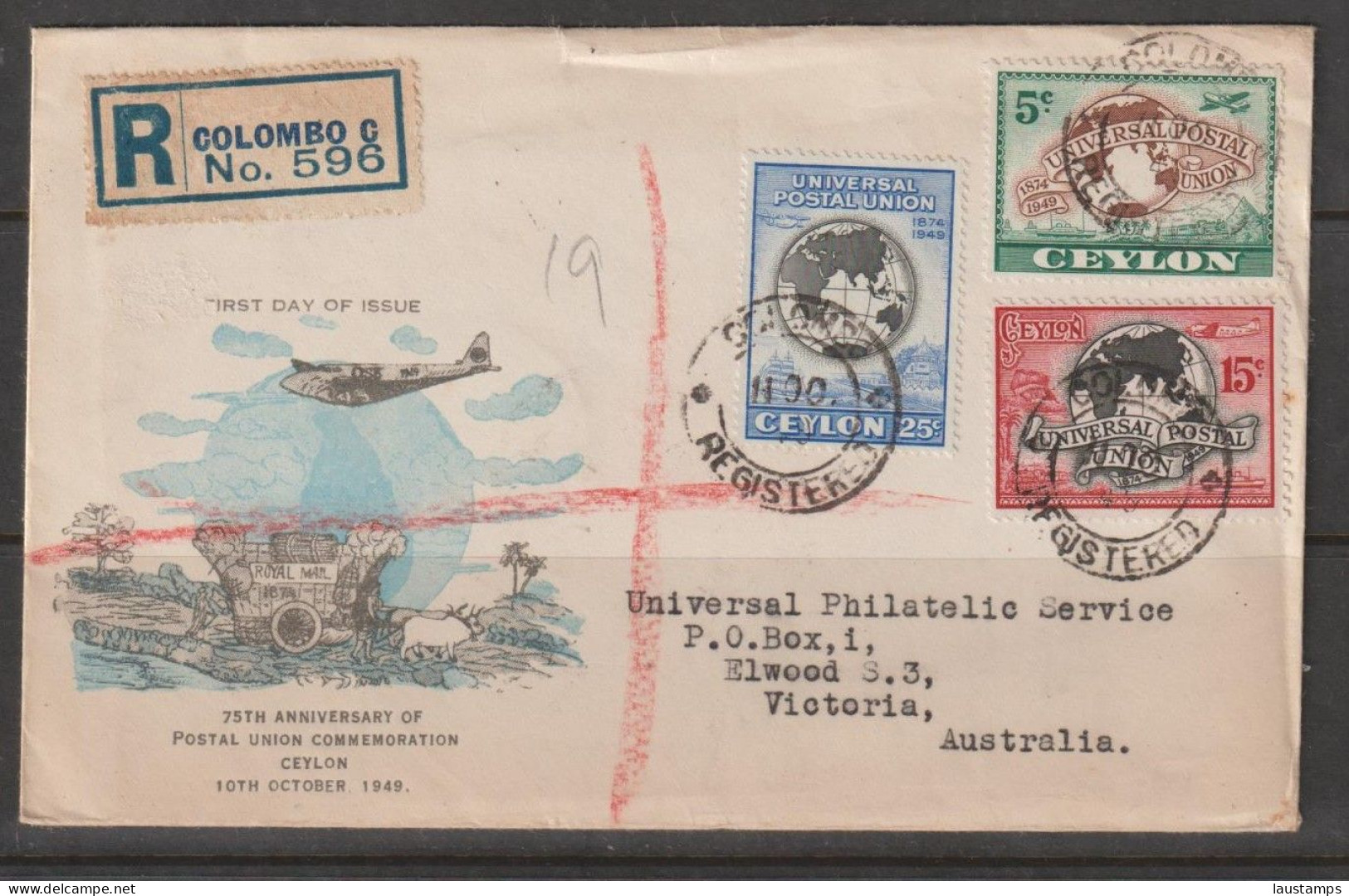 Sri Lanka, Ceylon 1949 75th Anniv. Of UPU Registered FDC To Australia - Sri Lanka (Ceilán) (1948-...)