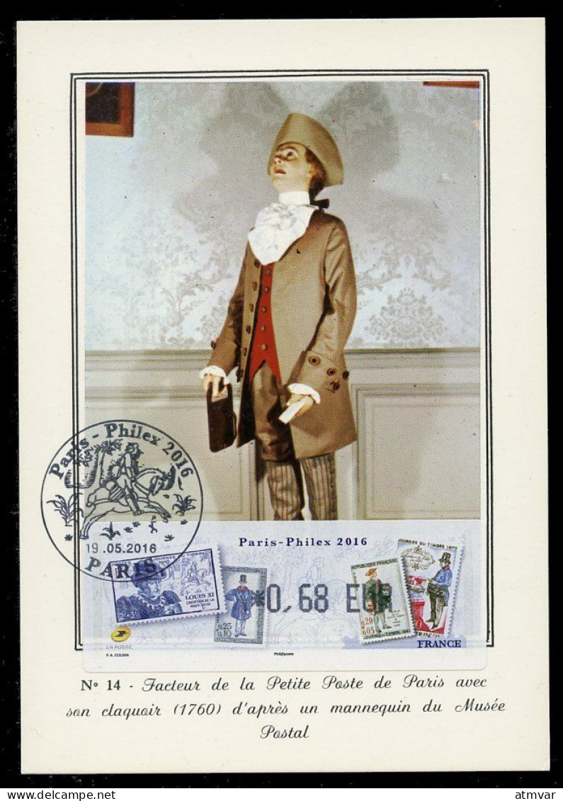 FRANCE (2016) Carte Maximum Card ATM LISA - Paris Philex 2016 - Facteur De La Petite Poste De Paris, 1760, Postman - 2010-... Illustrated Franking Labels