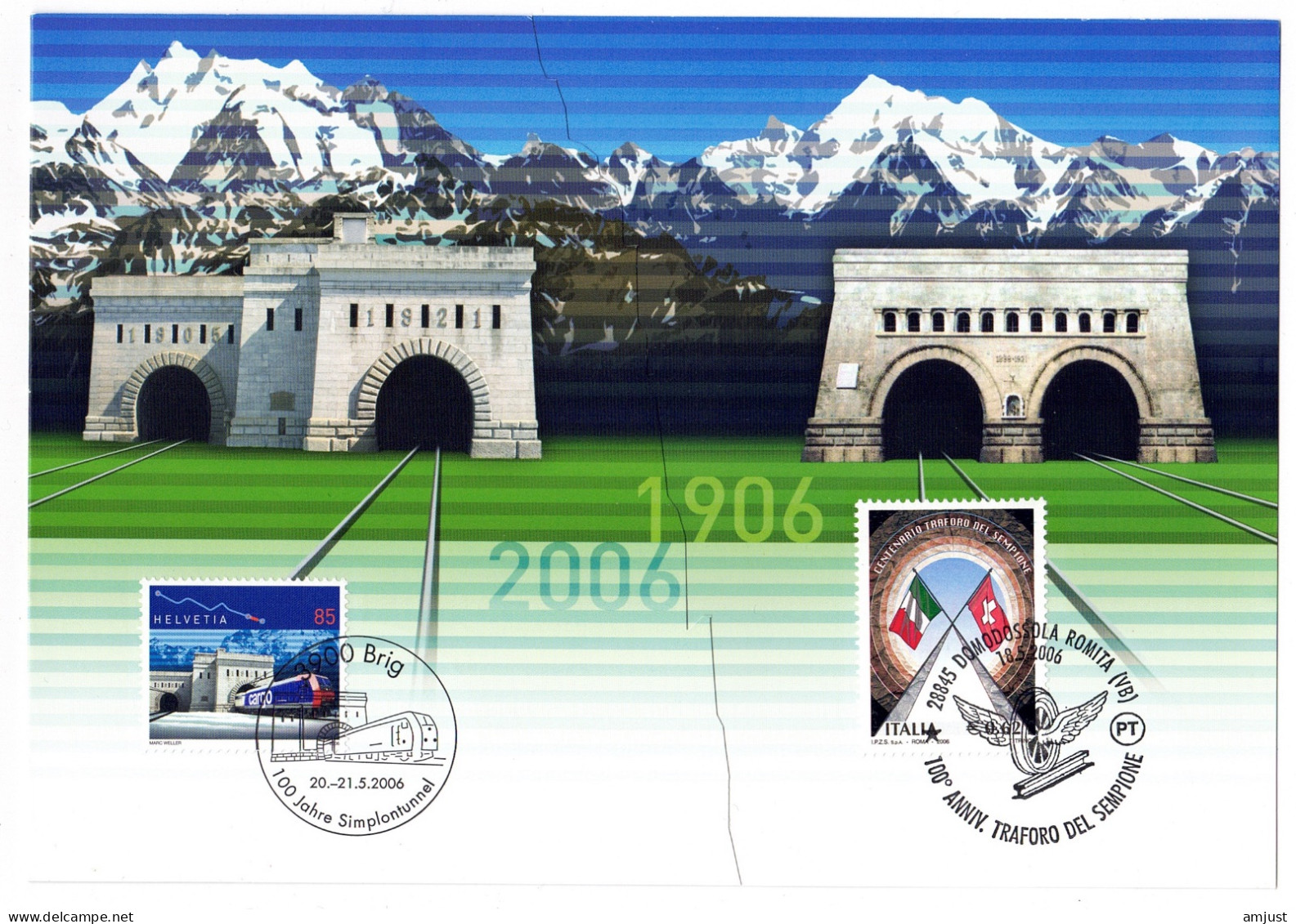 Trains // Feuillet Des 100 Ans Du Tunnel Du Simplon, Timbres Suisse Et Italien - Trains