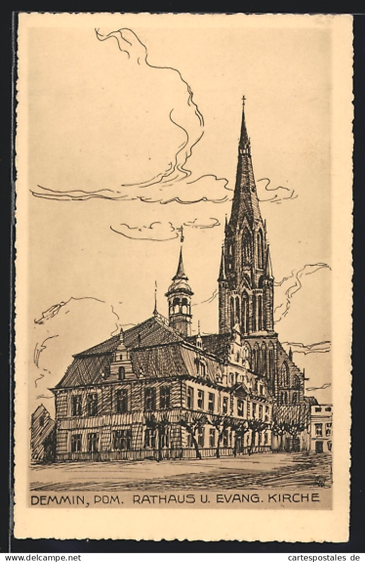 Künstler-AK Demmin, Rathaus Und Evangelische Kirche  - Demmin