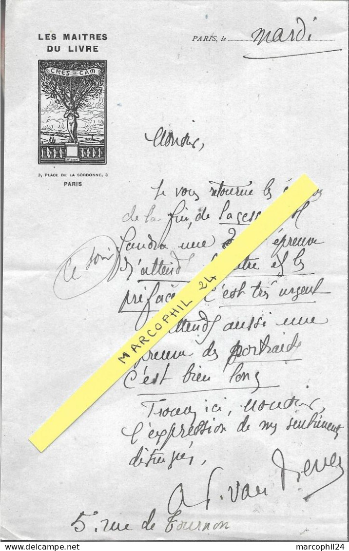 ENTETE Les MAITRES Du LIVRE Dessin "Cres-Cam" - Paris - Correspondance Signée VAN BEVER - Imprimerie 5 Rue De Tournon - Imprenta & Papelería