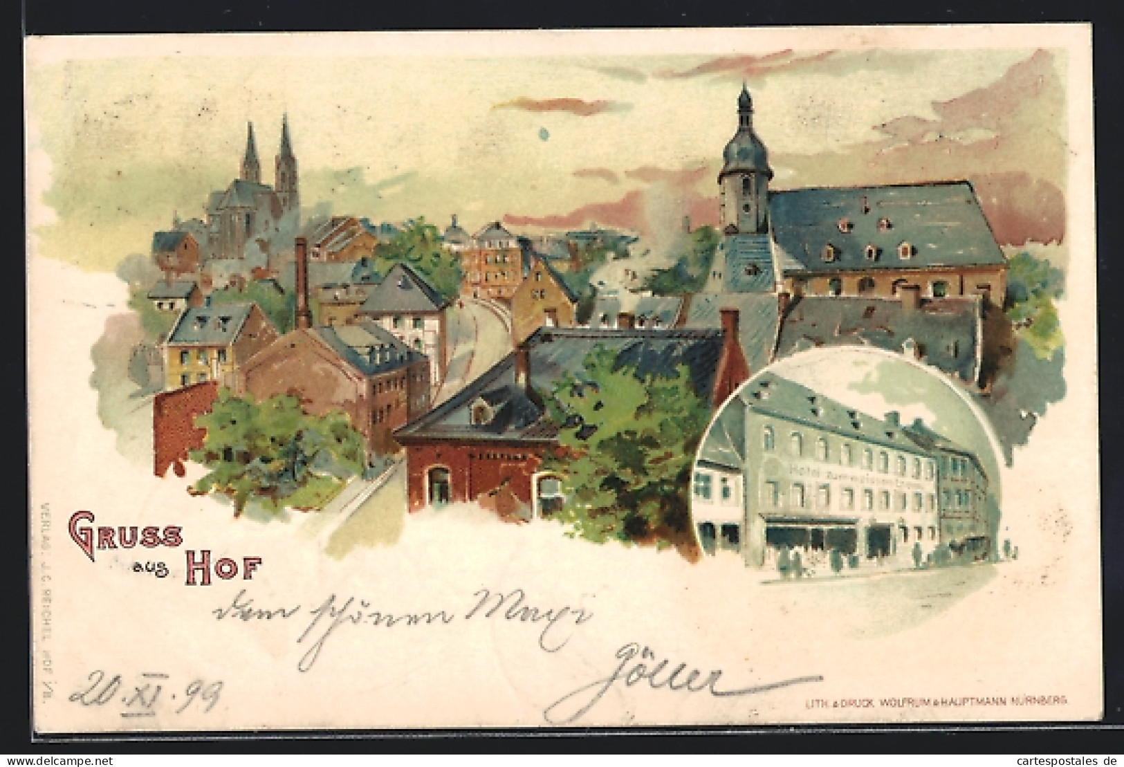 Lithographie Hof, Hotel Zum Weissen Lamm, Strassenansicht Von Oben  - Hof