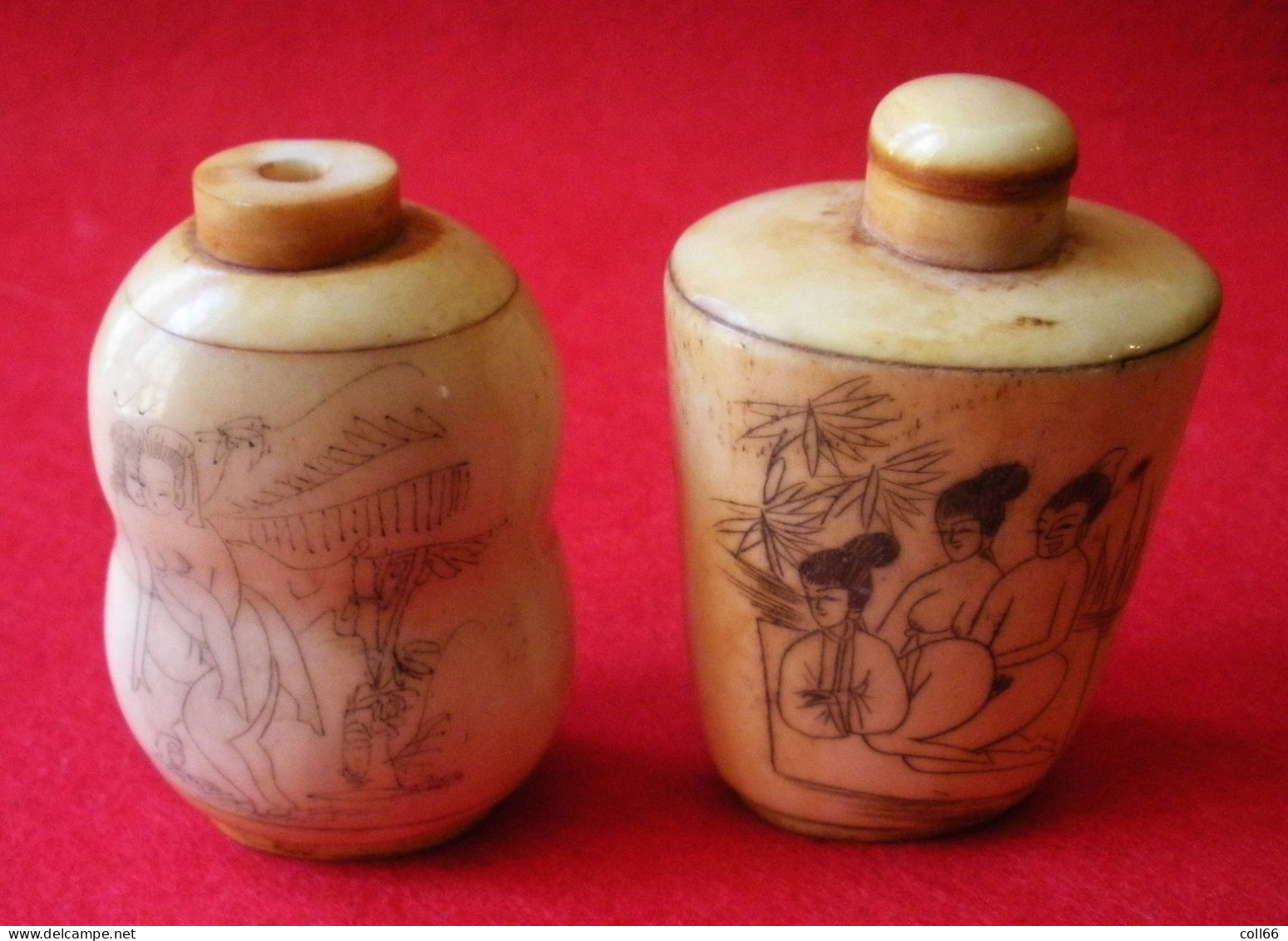 2 Tabatières Anciennes Asie Décor Erotique Curiosa Old Snuff Box Flacon à Tabac à Priser Tobacco Chine Ou Japon - Boites à Tabac Vides