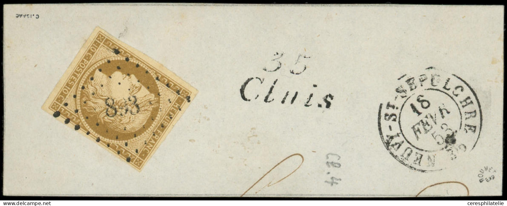 EMISSION DE 1849 - 1    10c. Bistre-jaune, Obl. PC 893 S. Fragt, Cursive 35/CLUIS, Càd T15 NEUVY-ST-SEPULCHRE 18/2/53, T - 1849-1850 Cérès