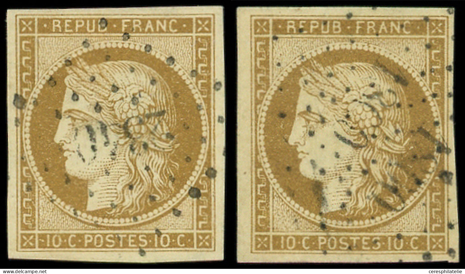 EMISSION DE 1849 - 1    10c. Bistre-jaune, 2 Ex. Choisis, Obl. PC, TB - 1849-1850 Cérès