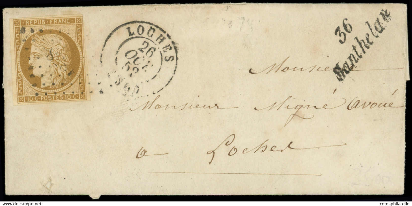 Let EMISSION DE 1849 - 1    10c. Bistre-jaune, Obl. PC Léger 1858 S. LAC, Càd T15 LOCHES 26/10/52 Et Cursive 36/MANTHELA - 1849-1876: Periodo Classico