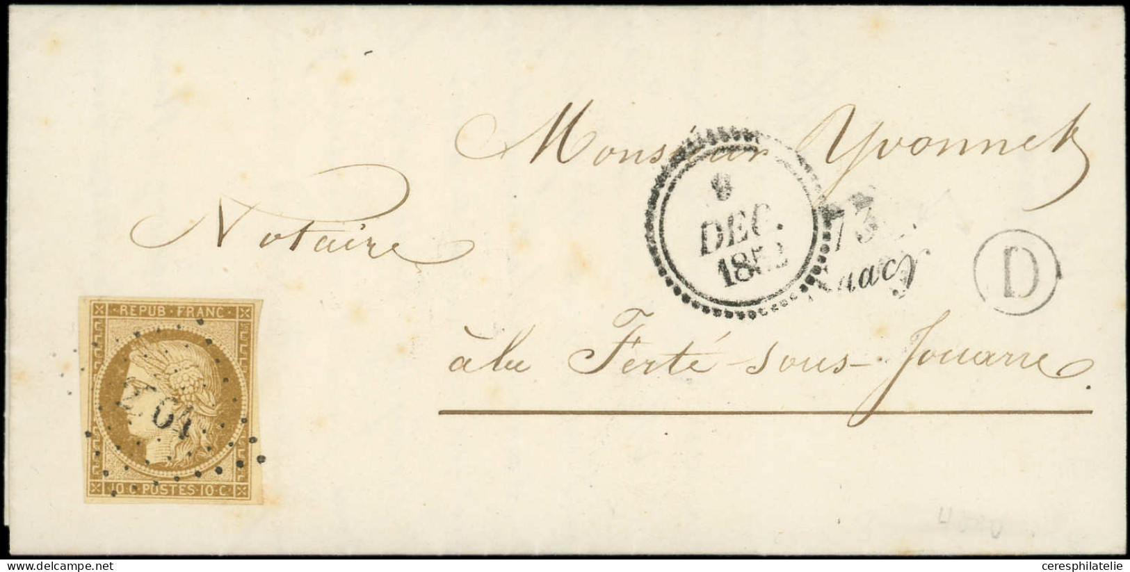 Let EMISSION DE 1849 - 1    10c. Bistre-jaune, Obl. PC 2764 S. LAC, Cursive 73/SAACY, Dateur B 9 DEC 1852, Boite D De PA - 1849-1876: Classic Period