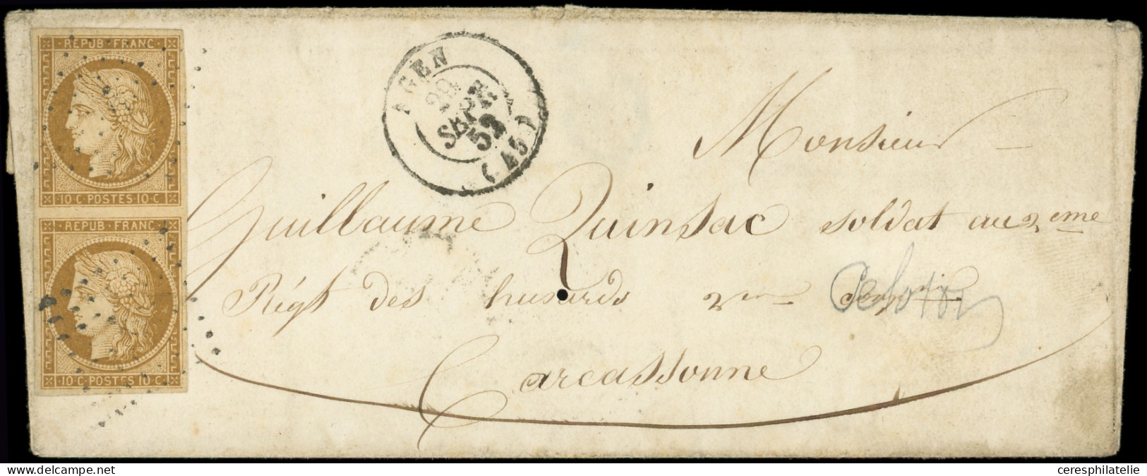 Let EMISSION DE 1849 - 1    10c. Bistre-jaune PAIRE, Un Ex. Petit Pli D'archive, Obl. S. Env., Càd T15 AGEN 29/9/52, Tar - 1849-1876: Classic Period