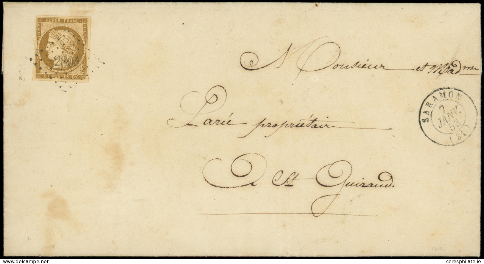 Let EMISSION DE 1849 - 1a   10c. Bistre-brun, Obl. PC 2804 S. Avis De Décès Complet, Càd T15 SARAMON 7/1/563, Arr. Verso - 1849-1876: Période Classique