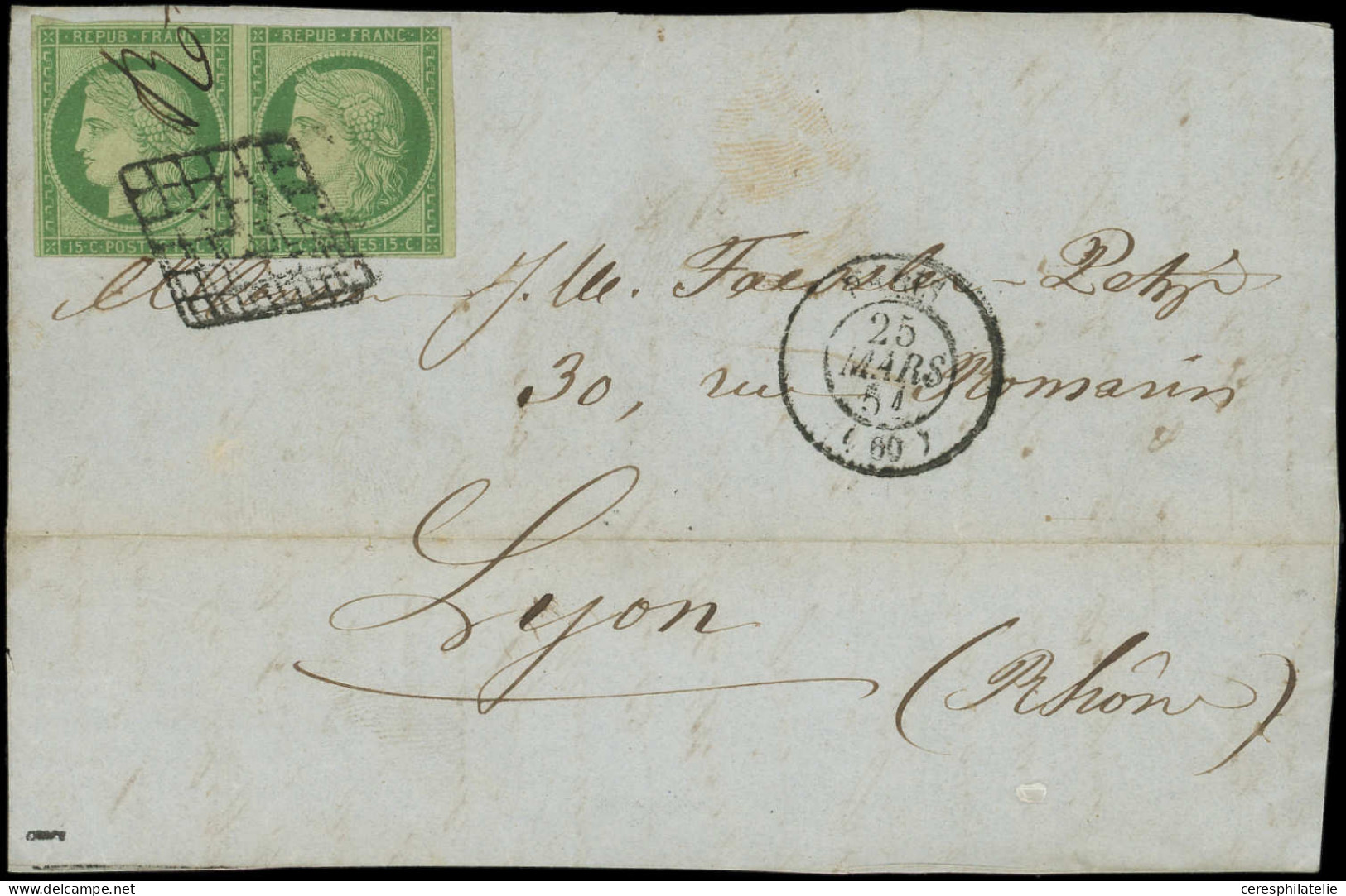 EMISSION DE 1849 - 2    15c. Vert, PAIRE Défse Obl. GRILLE S. Devant, Càd PARIS 25/3/51 Pour LYON, B/TB, Cote Sur Lettre - 1849-1876: Classic Period
