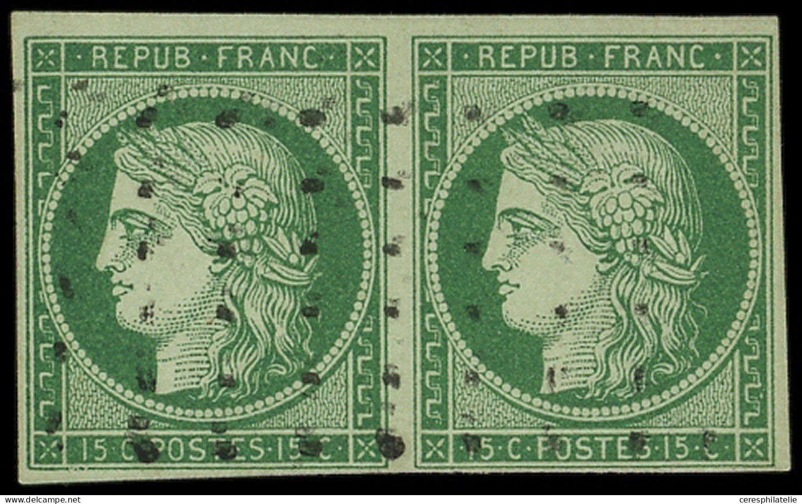 EMISSION DE 1849 - 2b   15c. Vert FONCE, PAIRE Obl. Roulette De PETITS POINTS Très Légers, Superbe. C - 1849-1850 Ceres