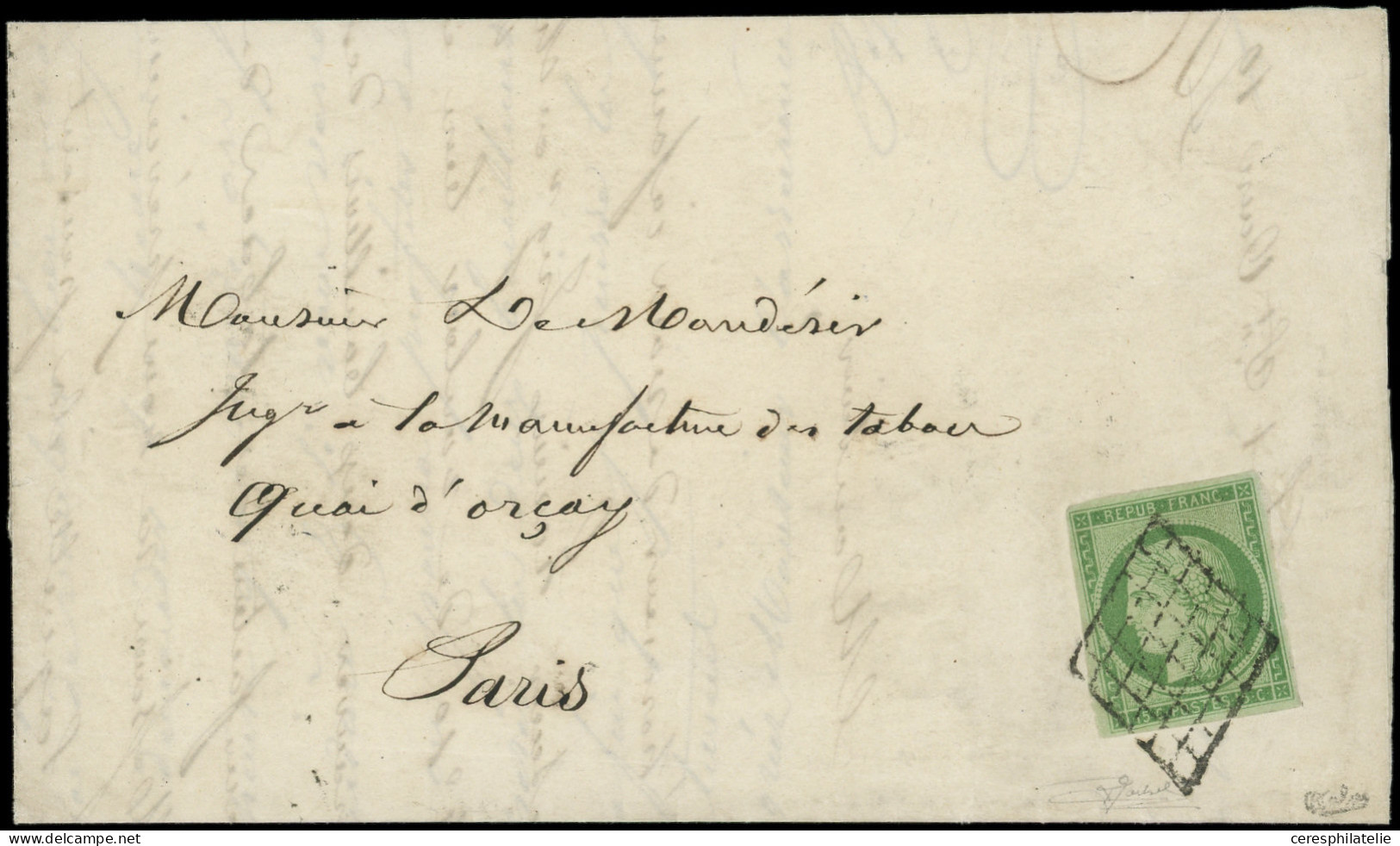 Let EMISSION DE 1849 - 2    15c. Vert, Obl. GRILLE S. LAC De Paris Pour Paris 20/7/51, Superbe - 1849-1876: Periodo Clásico