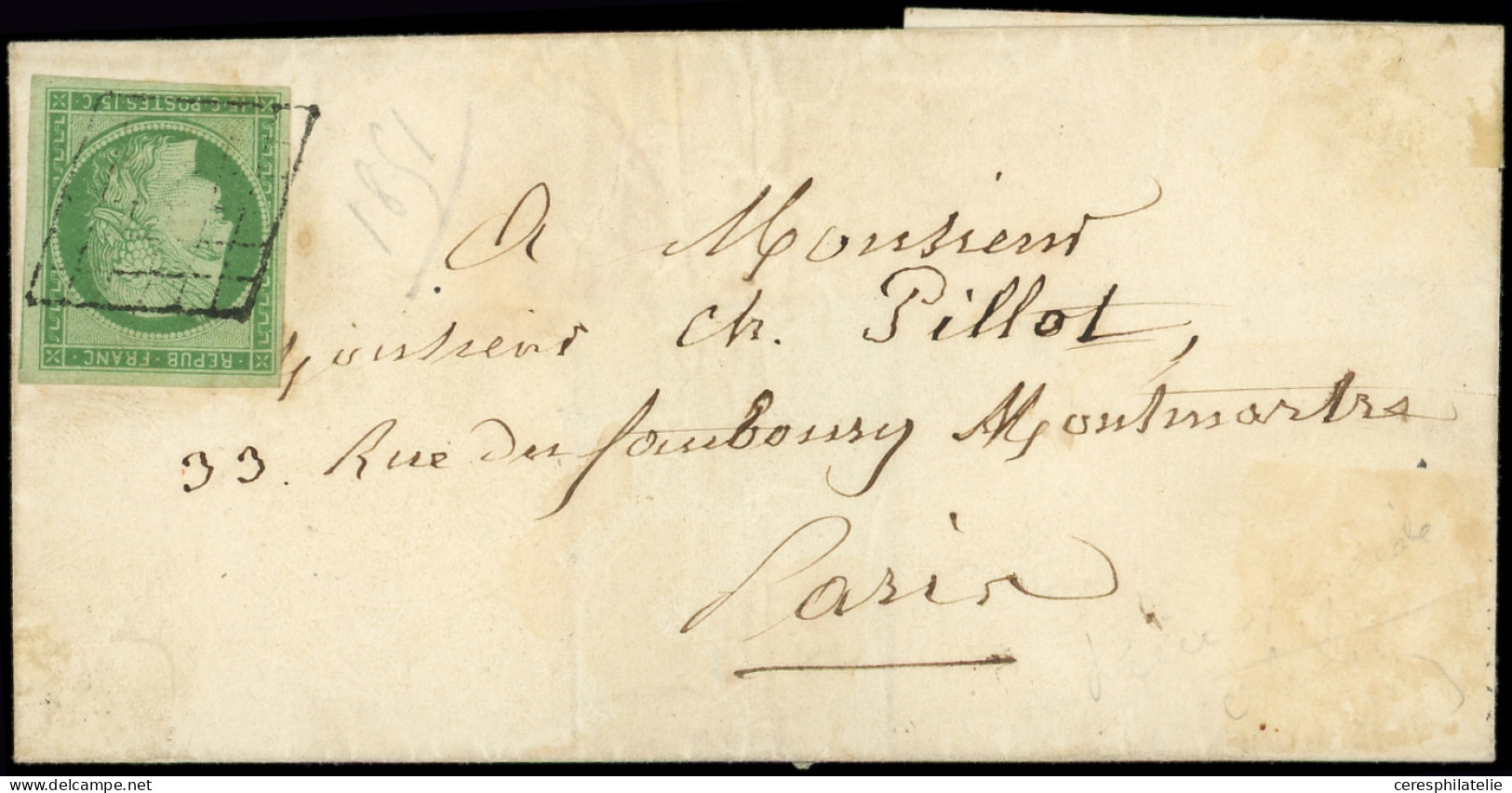 Let EMISSION DE 1849 - 2    15c. Vert, Amorce De Filet à Droite Obl. GRILLE Légère S. LSC, Au Verso Càd 4 PARIS 4, 21/(4 - 1849-1876: Periodo Clásico