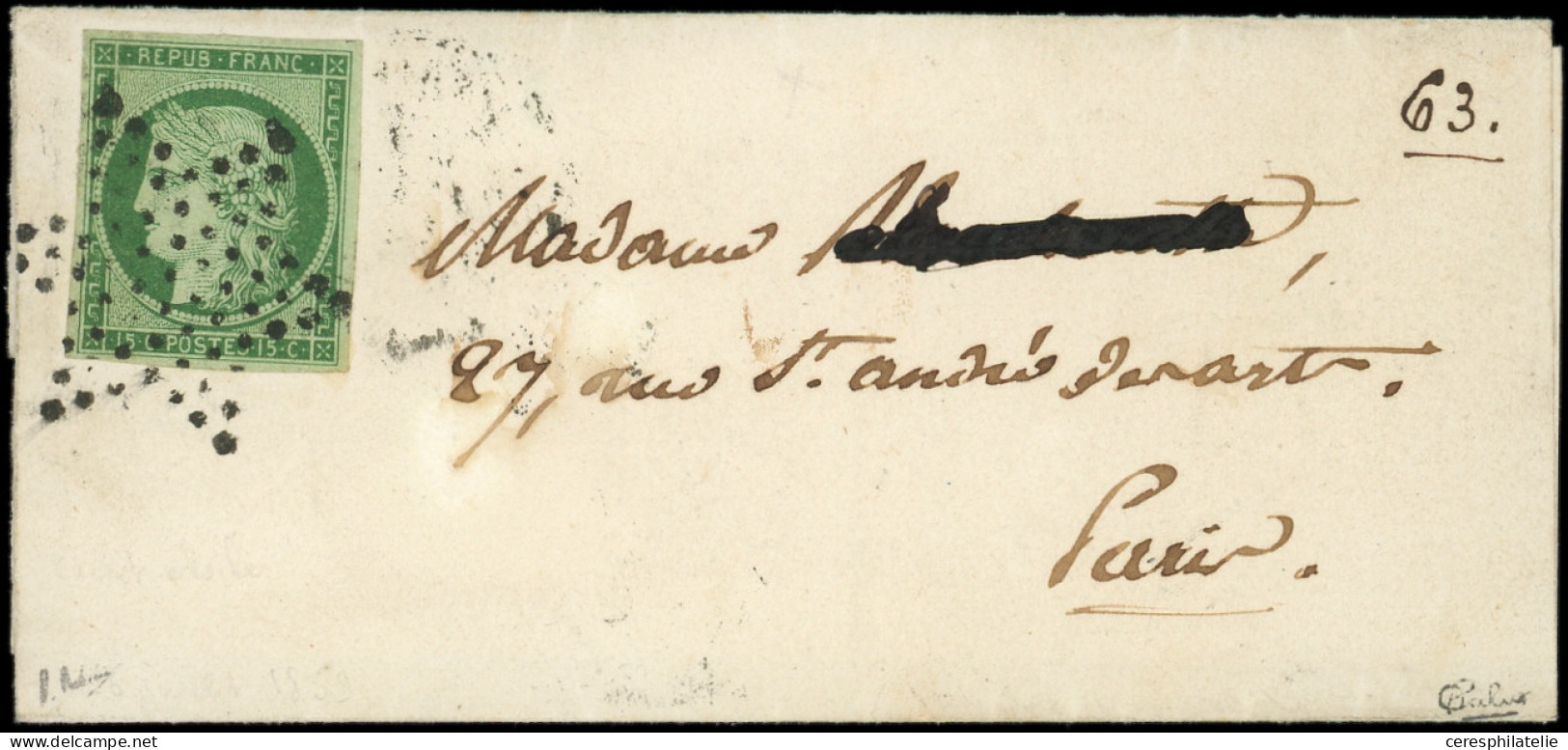 Let EMISSION DE 1849 - 2b   15c. Vert FONCE, Obl. ETOILE S. Petite LSC De Paris Pour Paris 16/6/53, TTB, Certif. Calves - 1849-1876: Période Classique