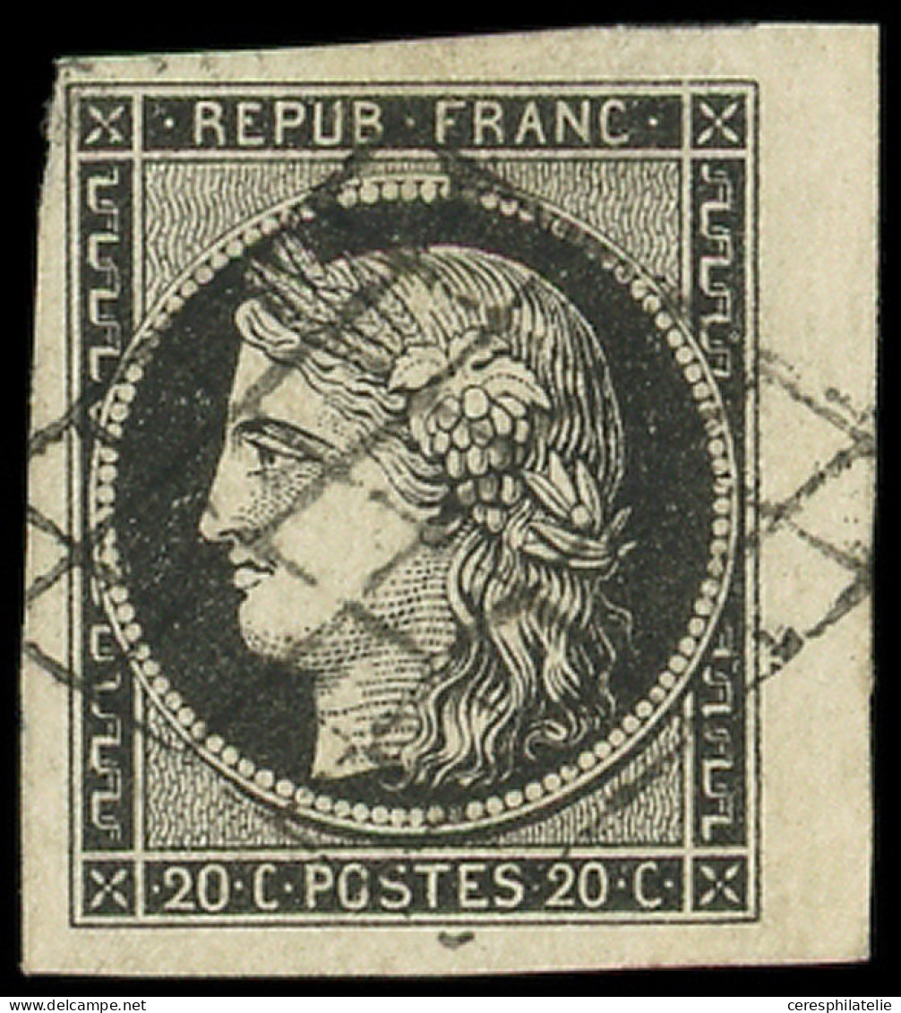 EMISSION DE 1849 - 3a   20c. Noir Sur Blanc, Petit Bdf, Obl. GRILLE, Frappe Légère, Superbe - 1849-1850 Ceres