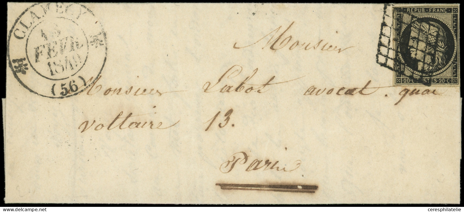 Let EMISSION DE 1849 - 3    20c. Noir Sur Jaune, Obl. GRILLE S. LAC, Càd T12 CLAMECY 13/2/49, Ind.25, TB - 1849-1876: Klassik