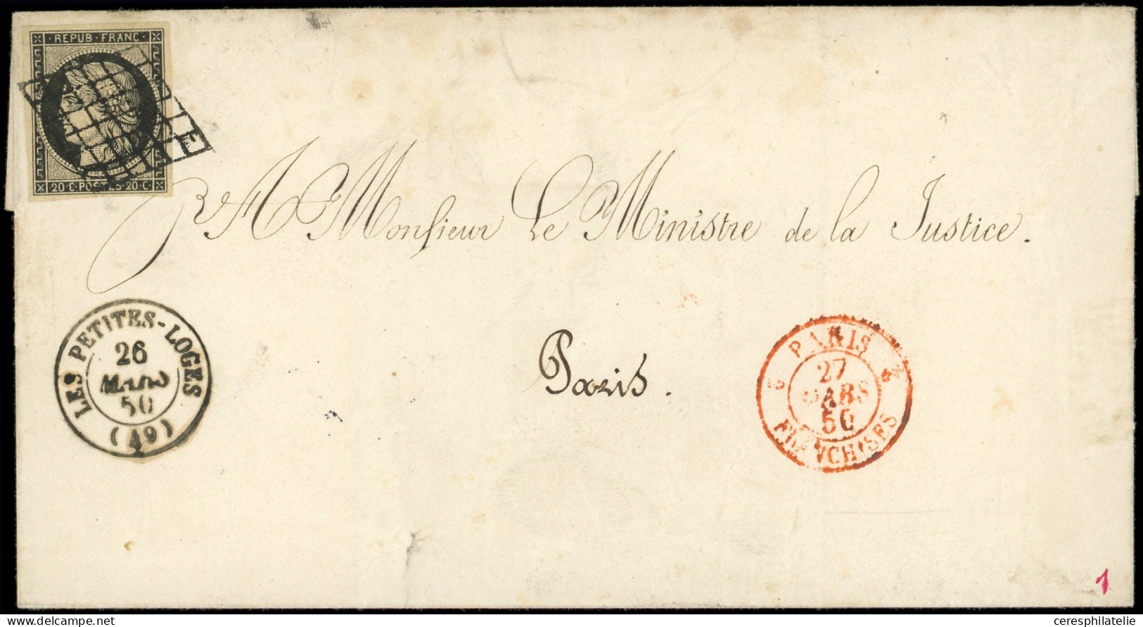 Let EMISSION DE 1849 - 3    20c. Noir Sur Jaune, Obl. GRILLE S. LSC, Càd T15 LES PETITES LOGES 26/3/50, Adressée Au Mini - 1849-1876: Klassik