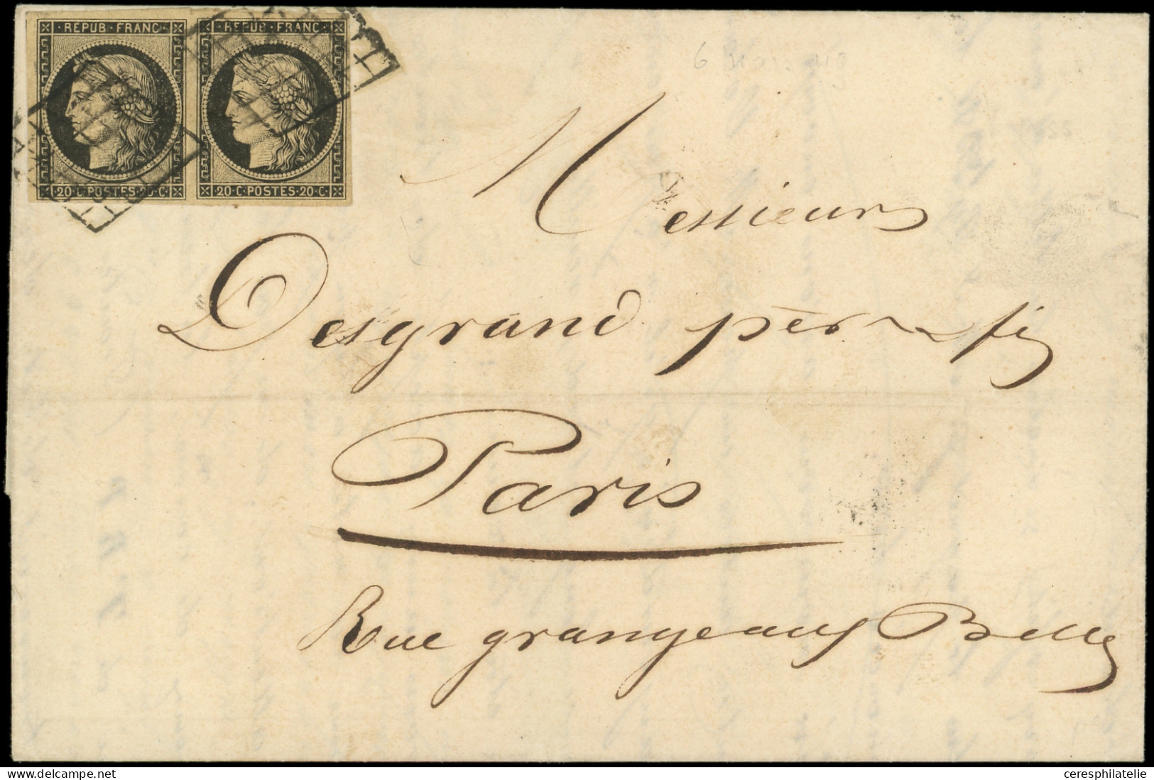 Let EMISSION DE 1849 - 3    20c. Noir Sur Jaune, PAIRE Obl. GRILLE S. LAC De LYON 4/3/49, Arr. PARIS 6/3, Superbe - 1849-1876: Période Classique