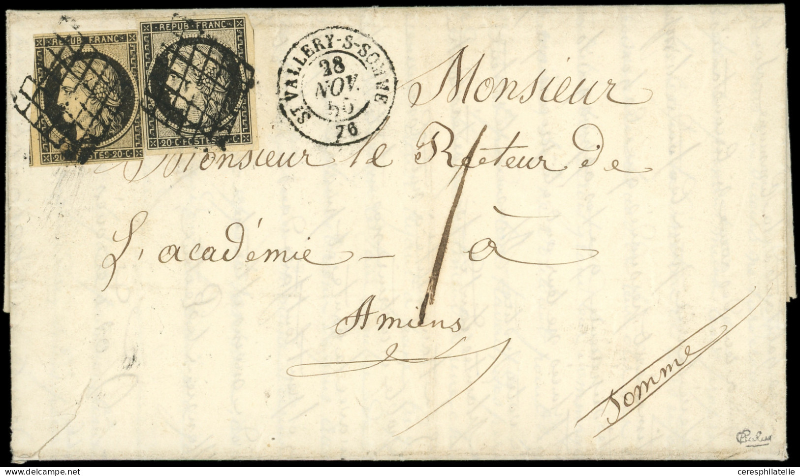 Let EMISSION DE 1849 - 3    20c. Noir Sur Jaune, 2 Ex. Obl. GRILLE S. LAC, Càd T15 St VALLERY-S-SOMME 28/11/50, Taxe 1 D - 1849-1876: Classic Period