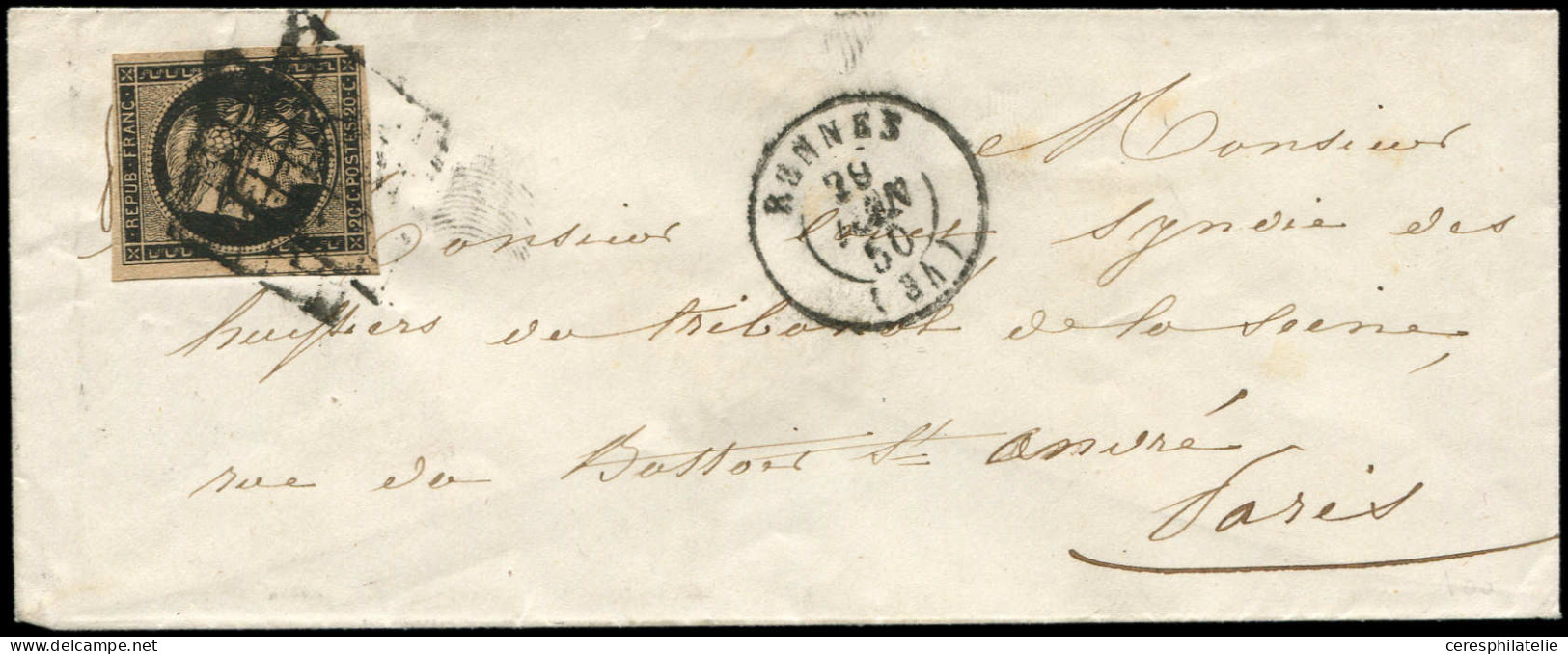 Let EMISSION DE 1849 - 3b   20c. Noir Sur CHAMOIS, Obl. GRILLE S. Env., Càd T15 RENNES 29/6/50, TB - 1849-1876: Période Classique