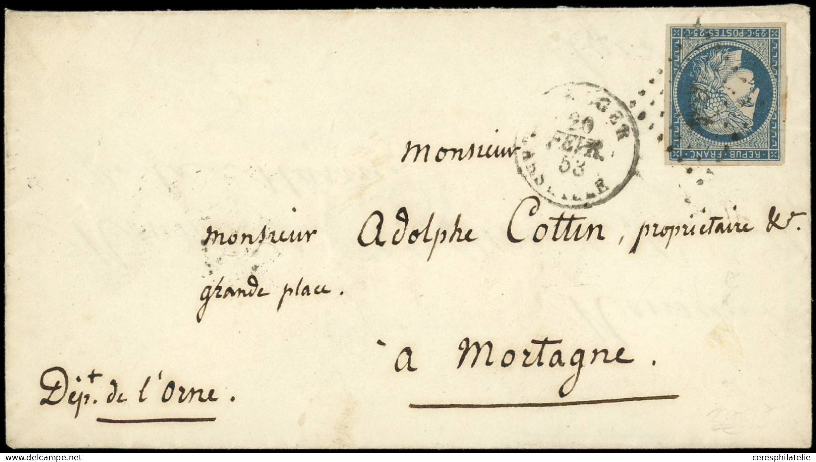 Let EMISSION DE 1849 - 4    25c. Bleu, Obl. PC S. Env., Càd ALGER MARSEILLE 20/2/53, TB - 1849-1876: Klassik